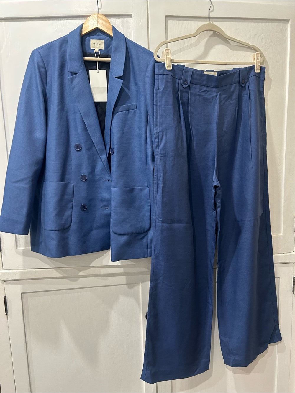 Sezane Double-Breasted Blazer & Wide-Leg Pants in Slate Blue